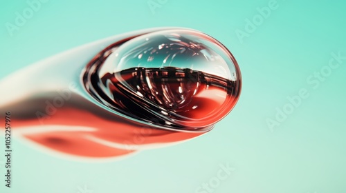 A surreal close-up of a liquid droplet beautifully reflecting light on a smooth mirrored surface, with an abstract background and intriguing color elements. photo