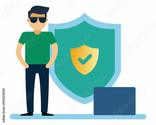 Cybersecurity concept man with sunglasses stands vector illustration 