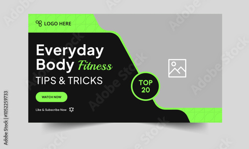 Editable vector trendy body fitness tips and techniques video thumbnail banner design, yoga tricks and body massages tips video cover banner design, editable vector eps 10 file format