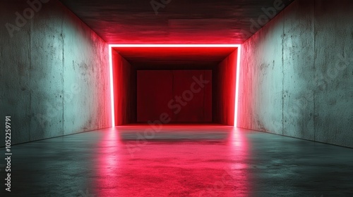 A sleek modern hallway features intense pink neon ceiling lights, creating reflective patterns on concrete walls and floors, evoking a futuristic atmosphere.
