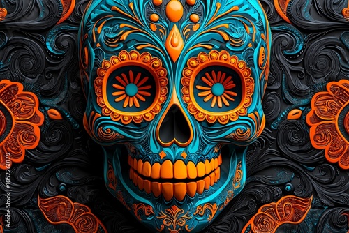 Neoncolored sugar skull with intricate swirls, bright orange and teal hues, radiant effect photo