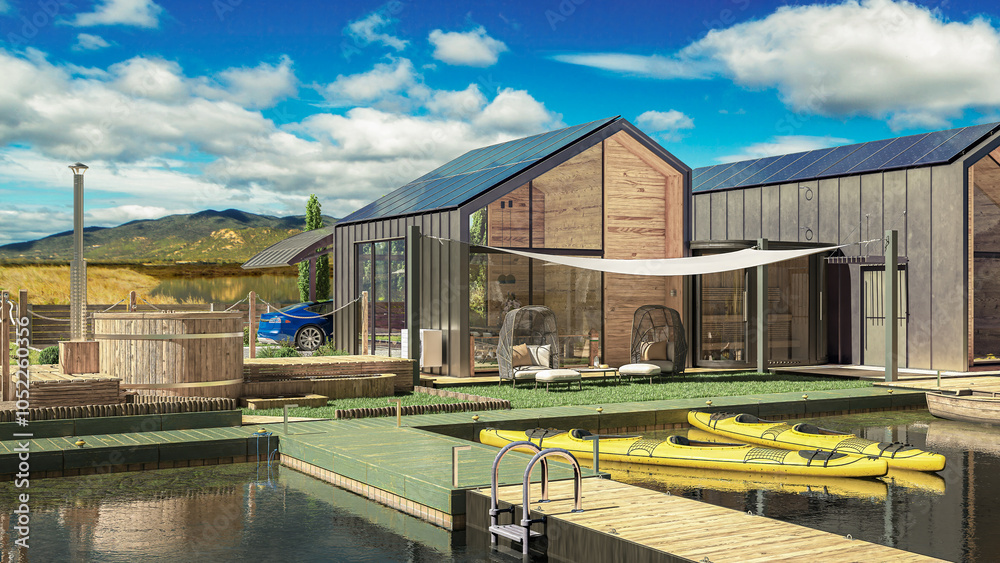Luxurious holiday environment on a lake with solar energy supply - 3D visualization - 3D Visualization Luxurious holiday environment on a lake with solar energy supply - 3D visualization - 3D Visualization