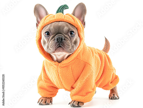 Adorable french bulldog dressed in a pumpkin costume perfect for halloween festivities and fall celebrations photo