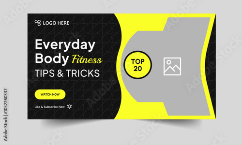 Trendy body fitness tips and tricks video cover banner design, daily workout plan techniques video thumbnail design, fully editable vector eps 10 file format