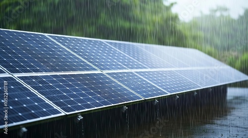 Solar panels in a heavy rainstorm, reflecting the unpredictability of renewable energy sources, solar energy problem, weather dependency