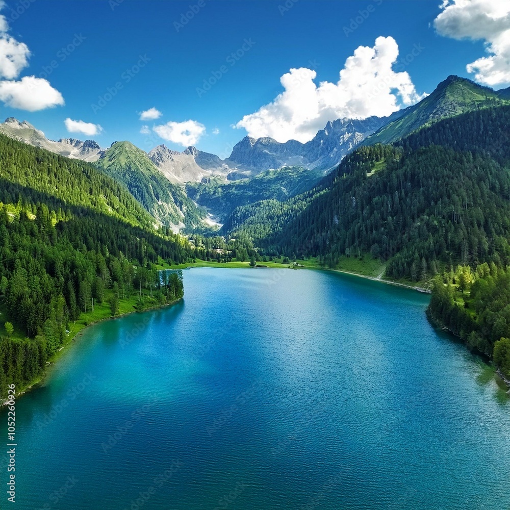 Fototapeta premium aerial forward over blue alpine lake revealing mountain forest valley in sunny summer with clouds europe alps outdoors green nature scape mountains wild establisher 4k drone flight establishing shot