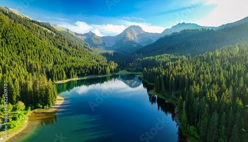 aerial on mountain lake and green forest trees forest reflection in the water beautiful aerial landscape with lake and forest drone shot over a beautiful mountain forest lake magical atmosphere