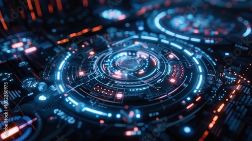 Wallpaper Mural Glowing holographic circular interface displaying complex data analysis, representing future technology and advanced user interfaces Torontodigital.ca