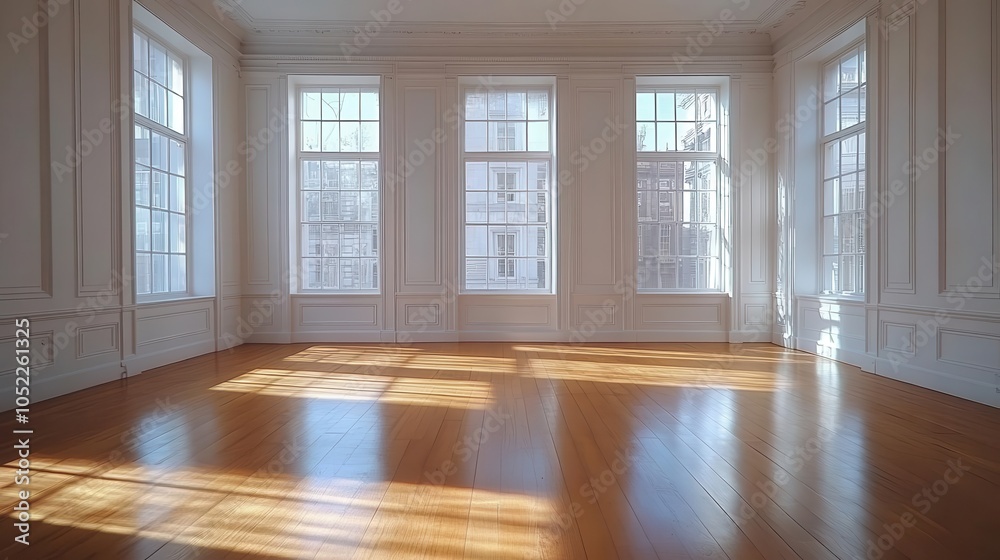 Fototapeta premium minimalist empty room with a white wall background, designed for product presentation, featuring soft natural light streaming through windows, creating a clean modern interior aesthetic