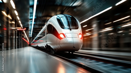 A futuristic express train flashes across the platform of a bustling urban rail station, embodying speed, efficiency, and modern city life at night. photo