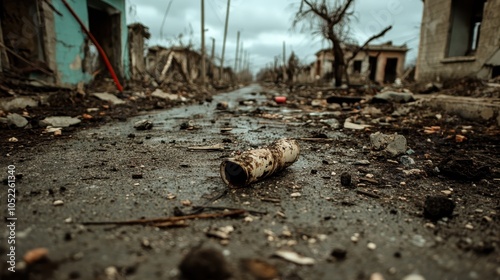 A scene depicting an industrial area in ruins, featuring debris and a lone cylindrical object on a damaged surface, symbolizing decay and abandonment. photo