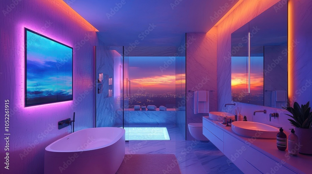 A bathroom with a smart mirror that doubles as a display screen for morning news, daily reminders, and real-time weather updates. Adjustable temperature-controlled floors and personalized lighting A bathroom with a smart mirror that doubles as a display screen for morning news, daily reminders, and real-time weather updates. Adjustable temperature-controlled floors and personalized lighting