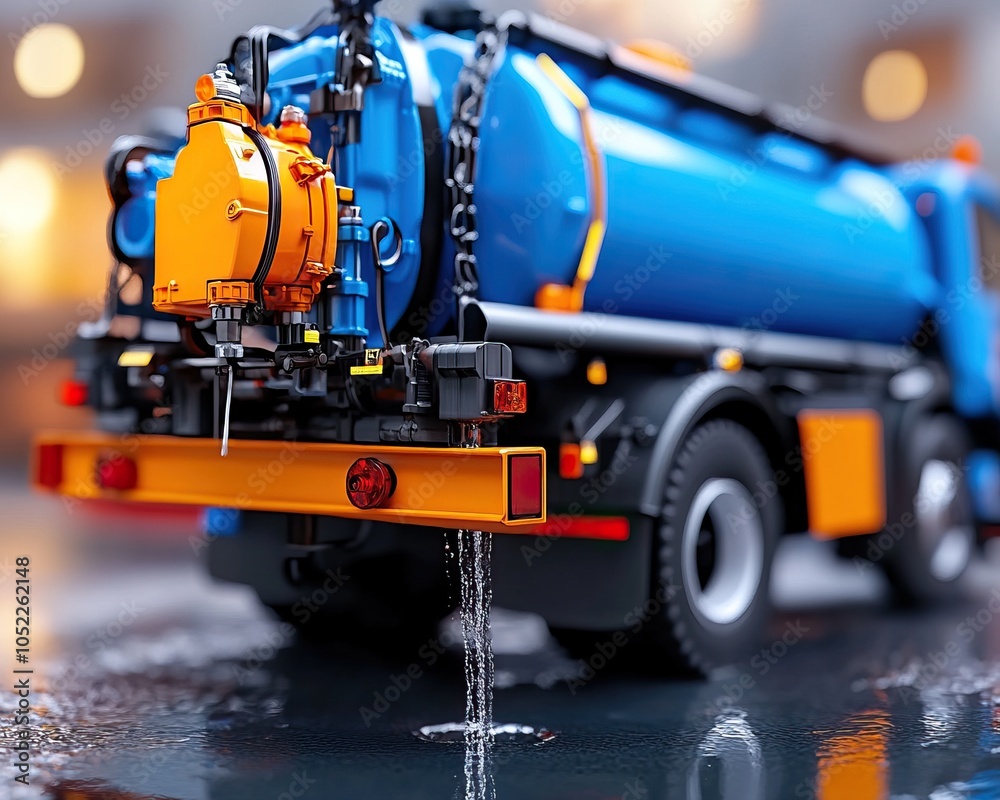 Fototapeta premium A vibrant blue and orange vacuum truck model with detailed features, capturing water droplets as it showcases its functionality in a realistic setting.