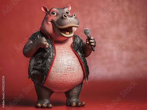 Snarky baby hippo holding a microphone, 3D rock concert scene, bold colors, cheeky expression, vibrant stage lights photo