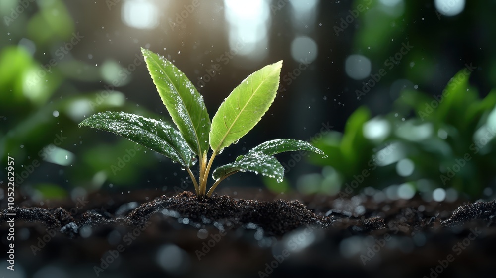 A fresh, green seedling emerges from rich, moist soil surrounded by dappled sunlight, symbolizing growth and renewal within a serene natural forest environment. A fresh, green seedling emerges from rich, moist soil surrounded by dappled sunlight, symbolizing growth and renewal within a serene natural forest environment.