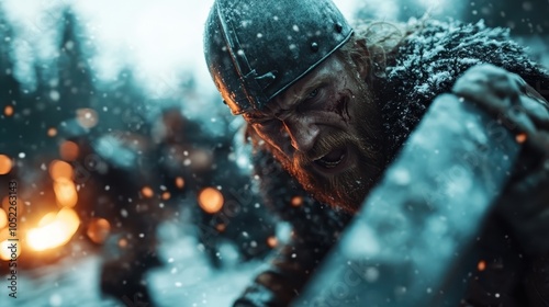 A resolute warrior in a metal helmet fiercely charges amidst a chaotic snow-covered battlefield, wielding a shield with determination and valor in his eyes. photo