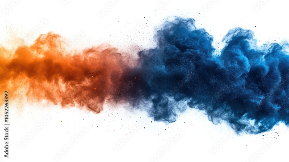 blue and orange powder particle, white background. hyper realistic photo for magazine blue and orange powder particle, white background. hyper realistic photo for magazine