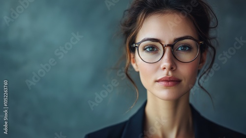 Confident professional woman with glasses presents a focused expression against a neutral gray backdrop during a corporate event