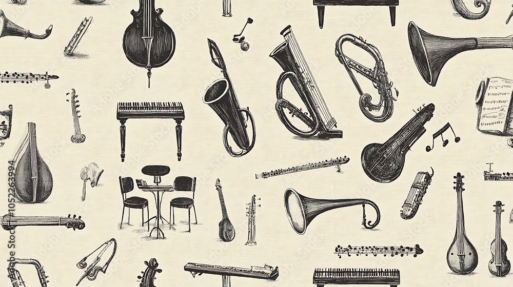 Fototapeta premium Charming Hand-Drawn Music Instrument Pattern