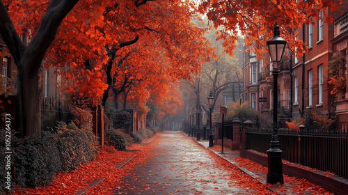 Photography London street lined with autumn trees and classic black lampposts: A charming Lo