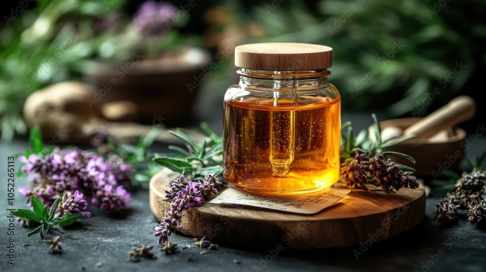 Fototapeta premium Jar of honey surrounded by herbs and flowers on a wooden surface.