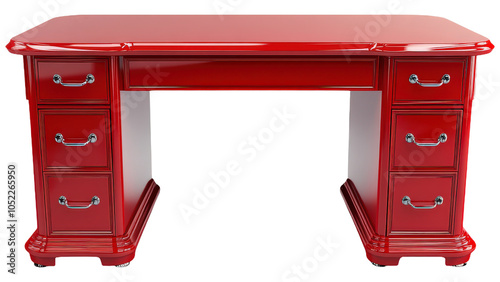 Glossy Red Desk with Chrome Handles and Classic Detailing.