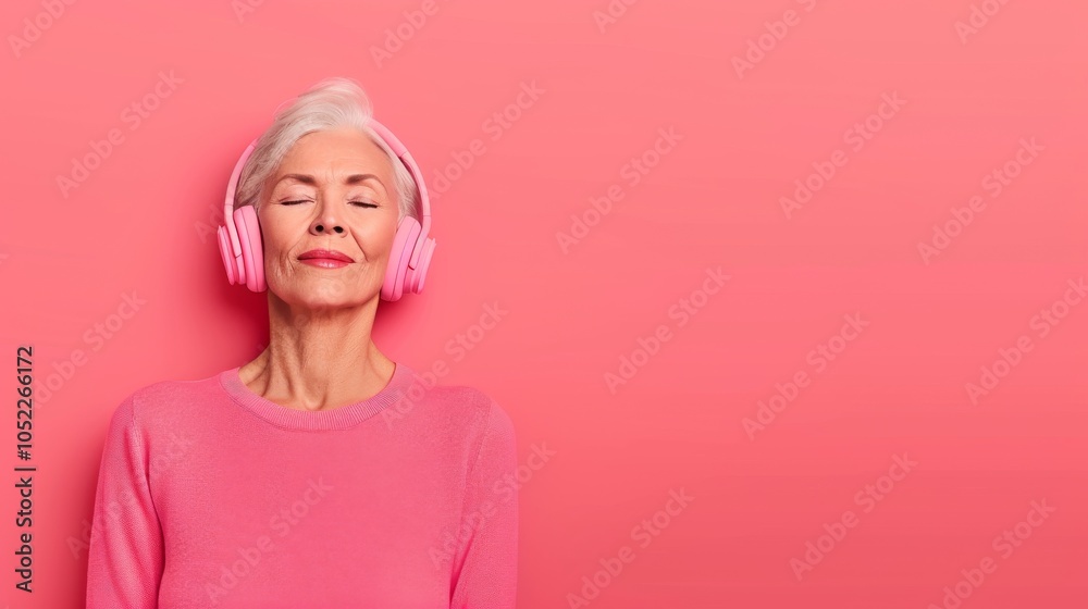 Elderly woman enjoying music with pink headphones against bright pink background.