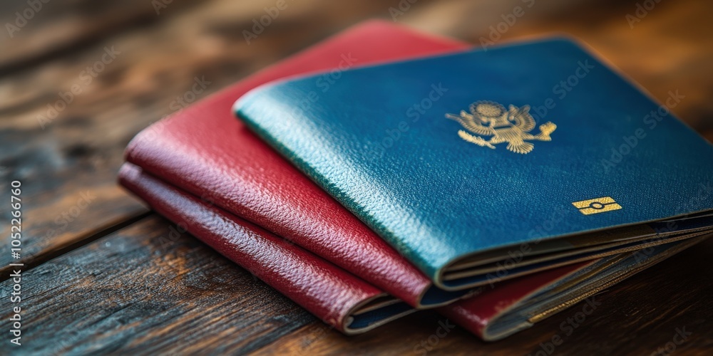 US Passport Close up on Wooden Table for Travel and Immigration Concept US Passport Close up on Wooden Table for Travel and Immigration Concept