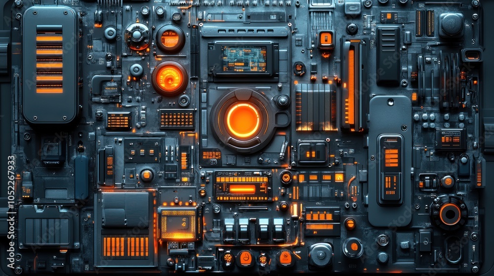 Fototapeta premium Abstract technological panel with glowing elements and circuits.