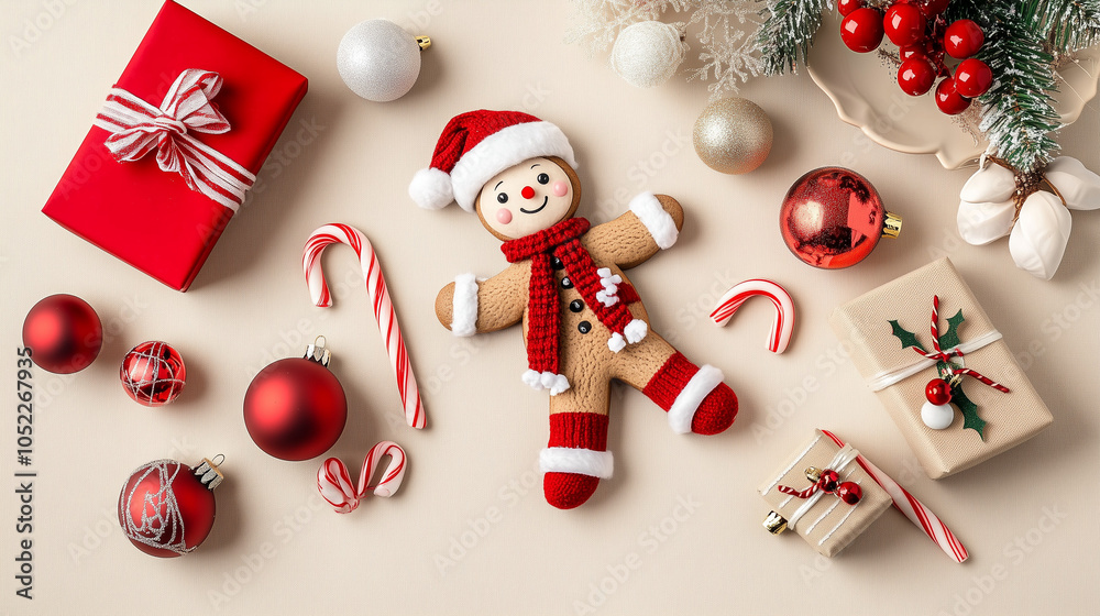 Christmas background with decorations and present boxes, gingerbread man doll, candy canes, and red Christmas ornaments on a beige tabletop. Flat lay. Mockup for design concept. Christmas background with decorations and present boxes, gingerbread man doll, candy canes, and red Christmas ornaments on a beige tabletop. Flat lay. Mockup for design concept.