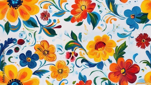 Vibrant Petrykivka painting showcasing colorful flowers on a white background, reflecting traditional Ukrainian artistry and culture