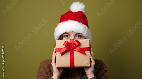 A Christmas surprise! Woman in Santa hat hides behind a beautifully wrapped gift, anticipation fills the air.