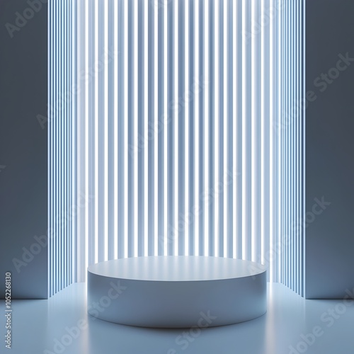 Glossy White Podium with Futuristic Neon Lit Backdrop for High Tech Product Display