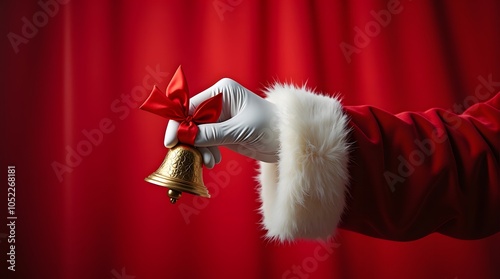 Santa's gloved hand gently holds a golden bell, adorned with a vibrant red bow, against a rich red backdrop. photo