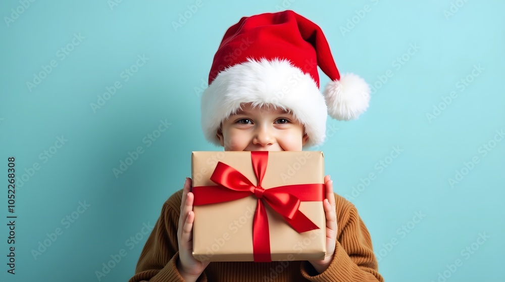 Smiling child in Santa hat hides behind a Christmas gift, pure joy and festive cheer radiate! Smiling child in Santa hat hides behind a Christmas gift, pure joy and festive cheer radiate!