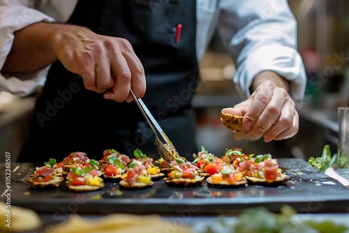 Culinary artistry shines as a chef delicately prepares vibrant gourmet appetizers in a bustling kitchen setting. Generative AI