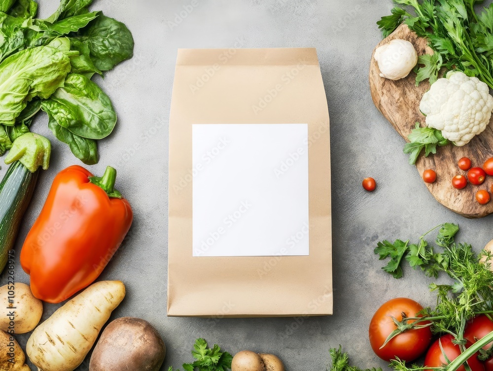 Kraft paper vegetable bag with a blank label, surrounded by farm-fresh vegetables on a rustic table, vegetable packaging mockup, eco-conscious branding Kraft paper vegetable bag with a blank label, surrounded by farm-fresh vegetables on a rustic table, vegetable packaging mockup, eco-conscious branding
