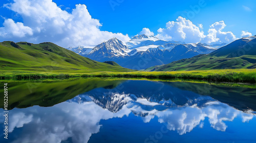 Crystal-clear lake mirroring snow-capped mountains under a vibrant autumn sky