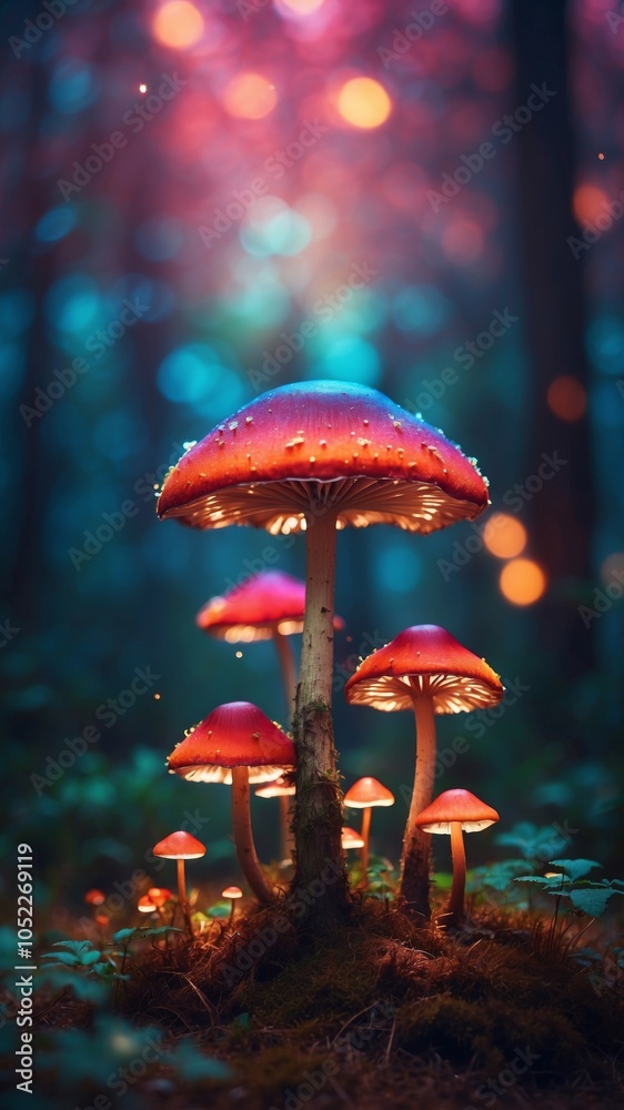 Fototapeta premium Enchanted forest backdrop showcasing vibrant mushrooms under soft, colorful lighting during twilight hours