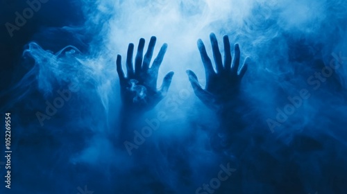 Silhouetted hands emerge from swirling blue smoke, creating a mysterious atmosphere.