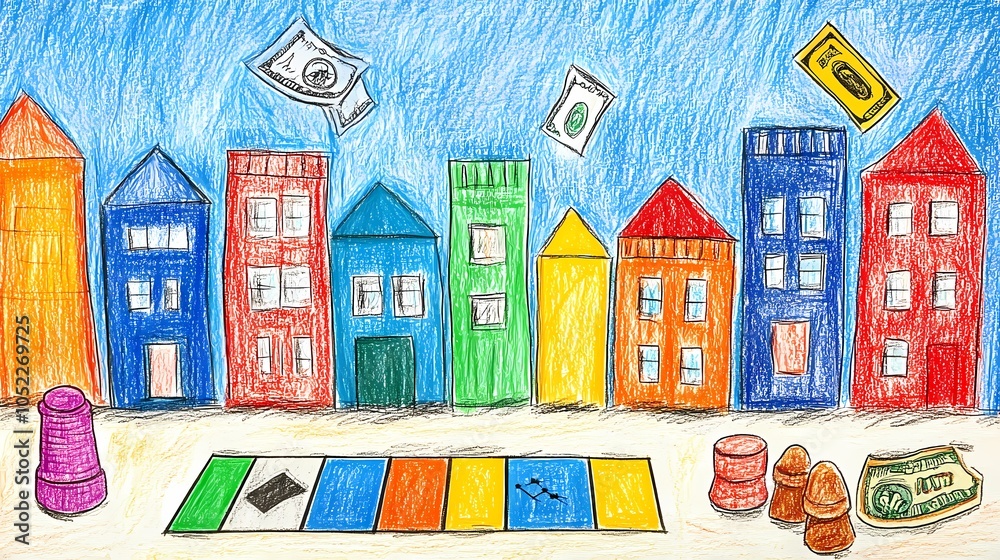 Child’s crayon drawing of a Monopoly game with colorful houses and game pieces Child’s crayon drawing of a Monopoly game with colorful houses and game pieces