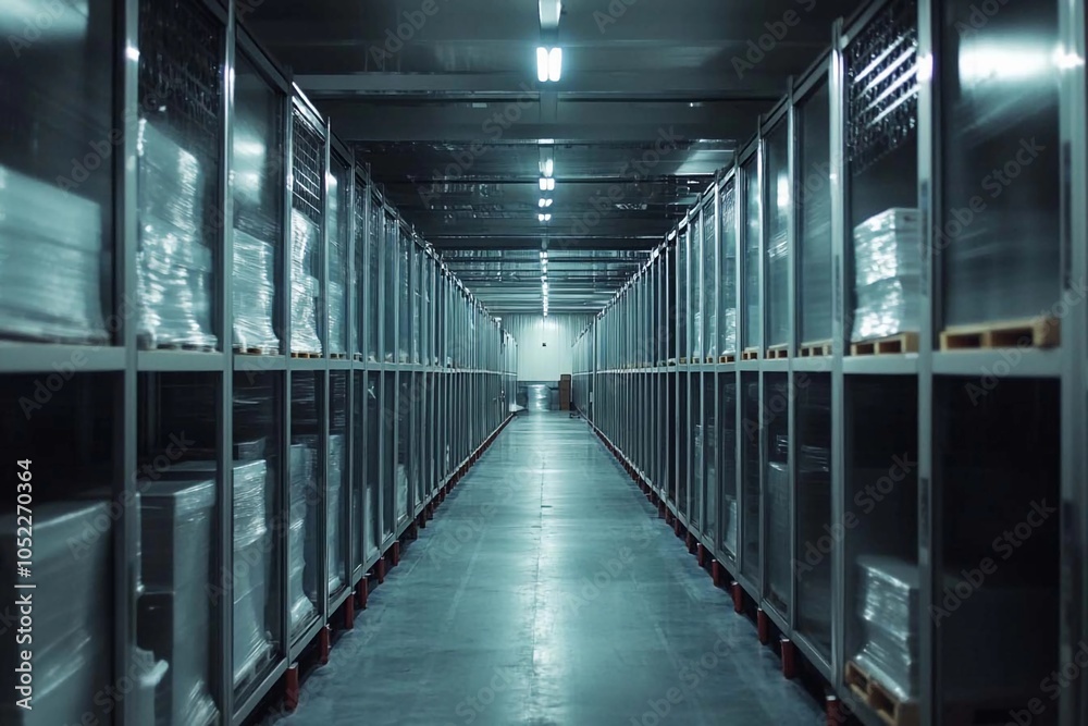 A dimly lit warehouse aisle showcasing organized shelves filled with stacked packages during a quiet evening shift. Generative AI A dimly lit warehouse aisle showcasing organized shelves filled with stacked packages during a quiet evening shift. Generative AI
