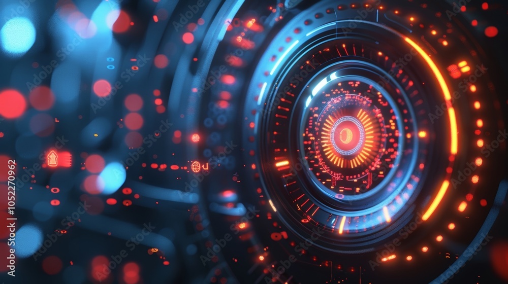 Futuristic technological interface showing rotating glowing circles with data flow and bokeh effect, representing advanced technology, innovation, and the future of computing Futuristic technological interface showing rotating glowing circles with data flow and bokeh effect, representing advanced technology, innovation, and the future of computing