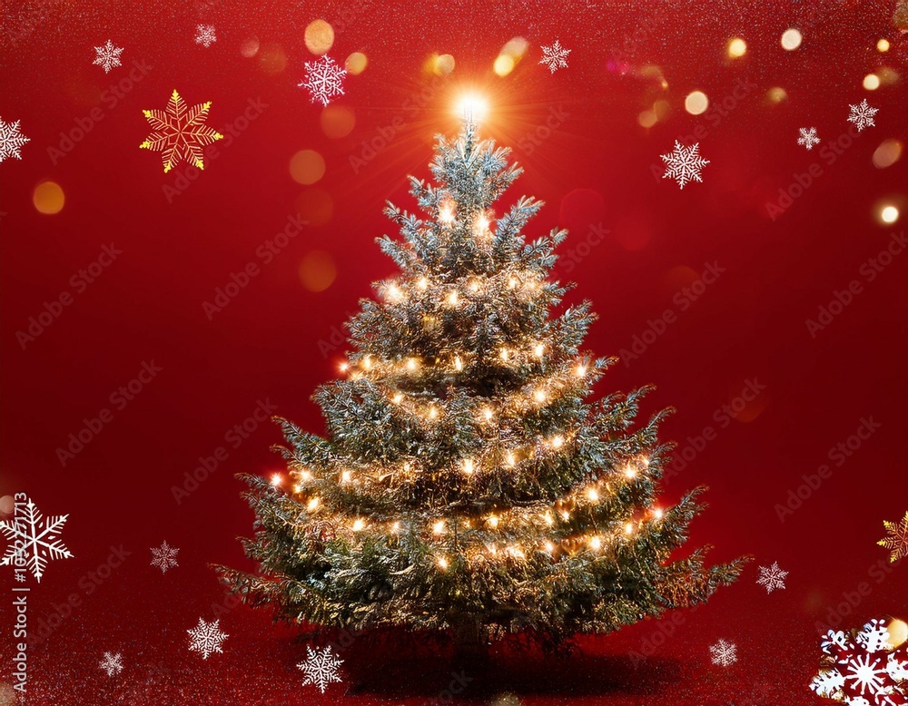 sparkling gold and silver lights xmas tree merry christmas and happy new year greeting message on red background snow flakes bright lights decoration elegant holiday season social post digital card sparkling gold and silver lights xmas tree merry christmas and happy new year greeting message on red background snow flakes bright lights decoration elegant holiday season social post digital card