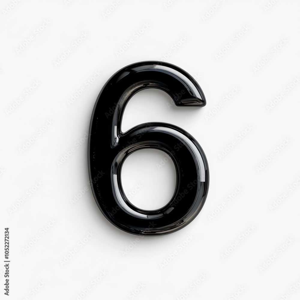 A glossy black number six displayed on a white background. A glossy black number six displayed on a white background.
