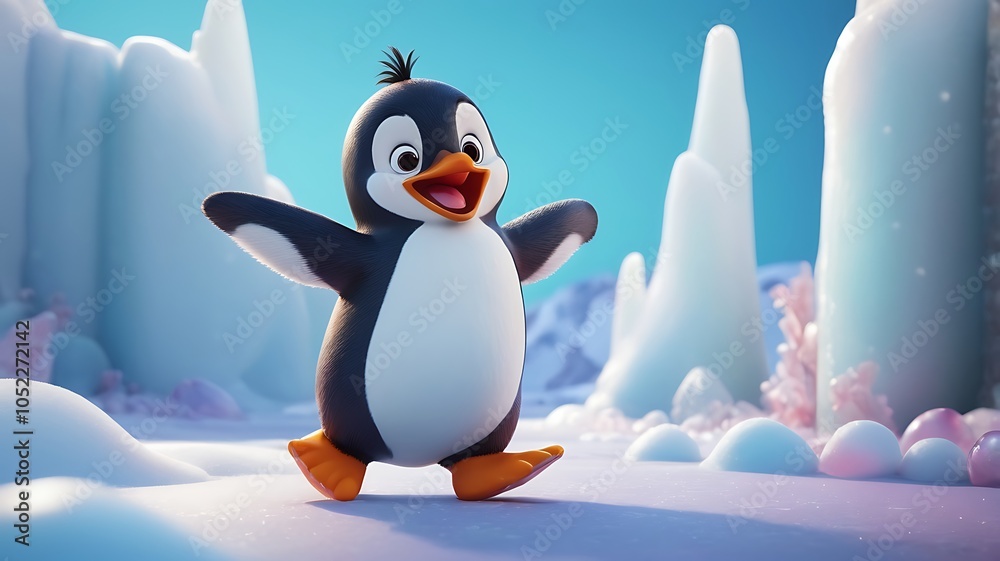Obraz premium A playful side view of a cartoon penguin sliding joyfully on its belly across a frozen surface.