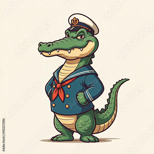 cute cartoon green crocodile sailor mascot character illustration