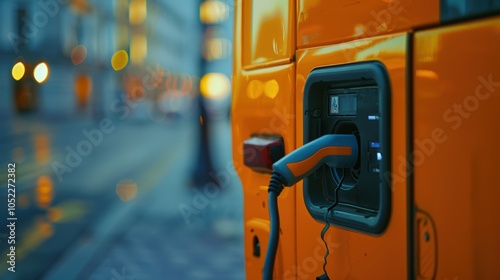 Electric bus charging at a public station on city street, Charging Station