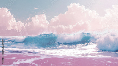 Surreal Pink Ocean Waves with Fluffy Clouds