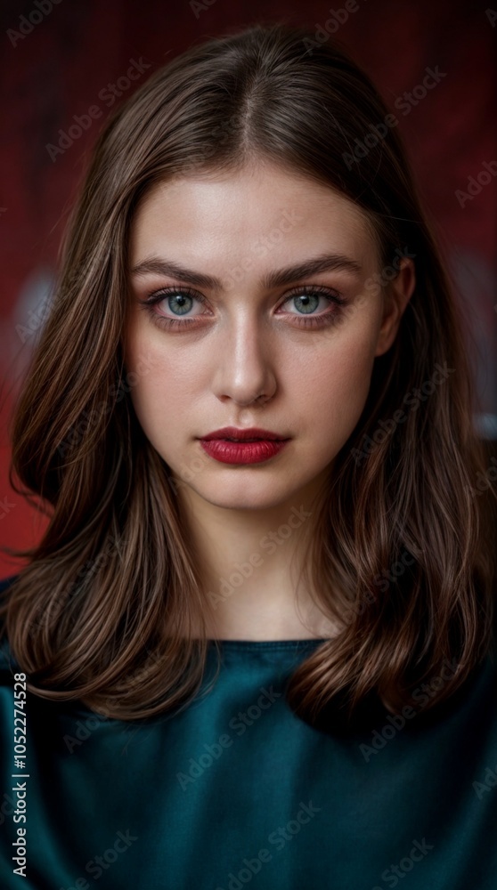 A studio photo of a close-up portrait of a young brunette woman with green eyes and a green dress A studio photo of a close-up portrait of a young brunette woman with green eyes and a green dress